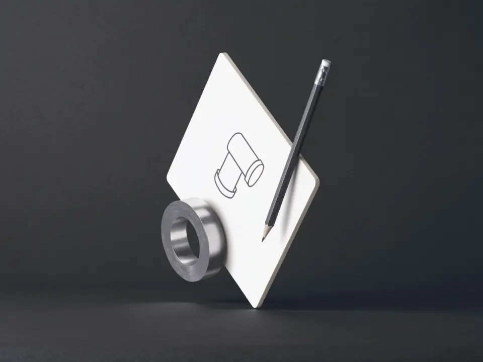 3D-Illustration: schwebende Zeichnungstafel, Metallring und Bleistift für eine technische Anfrage