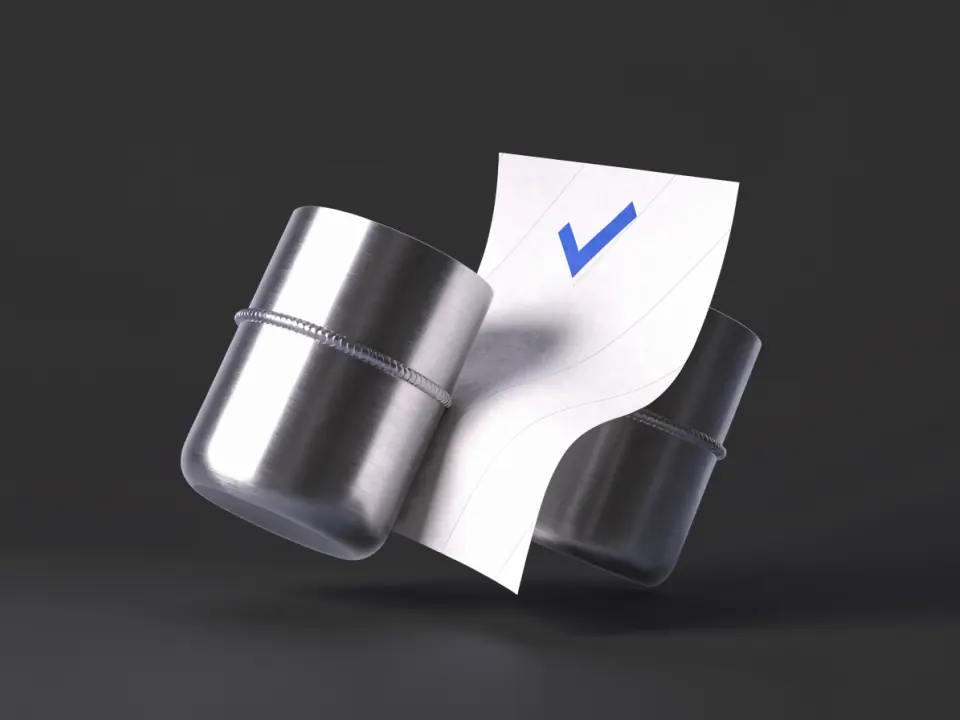 3D-Illustration: Rohrstücke mit Schweißnähten und Prüfblatt als Symbol für Schweißung und Dokumentation
